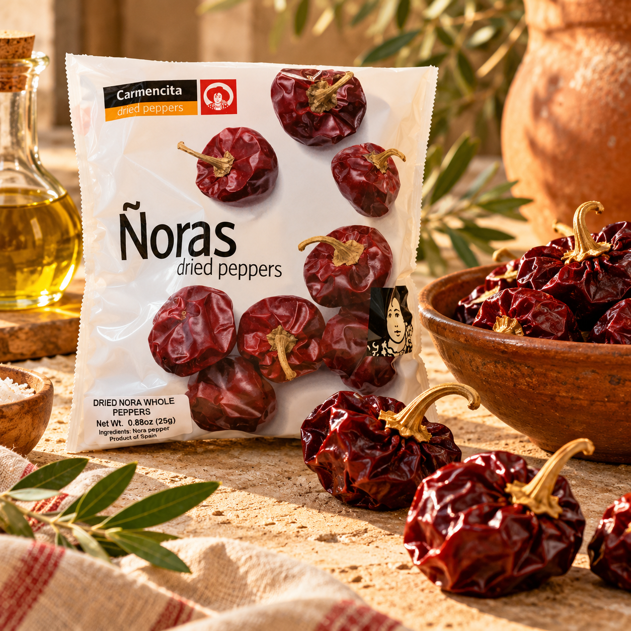 Carmencita Spanish dried ñora peppers 25g package with whole red ñora peppers, olive oil and rustic Mediterranean food styling