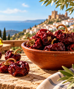 Whole Spanish dried ñora peppers in a rustic terracotta bowl with olive oil and a Mediterranean coastal village in the background