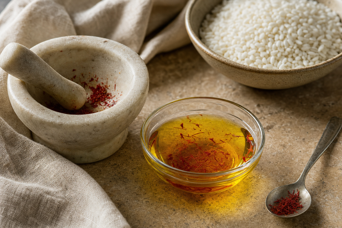 Saffron threads steeping in golden liquid beside a mortar and pestle, with a bowl of rice in the background.