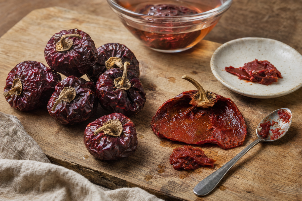 Dried ñora peppers beside a softened, opened pepper and scraped red pulp, with a bowl of soaking water behind.