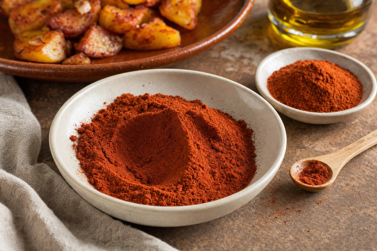 Sweet smoked paprika de La Vera beside regular paprika, with paprika-seasoned roasted potatoes and olive oil in the background.