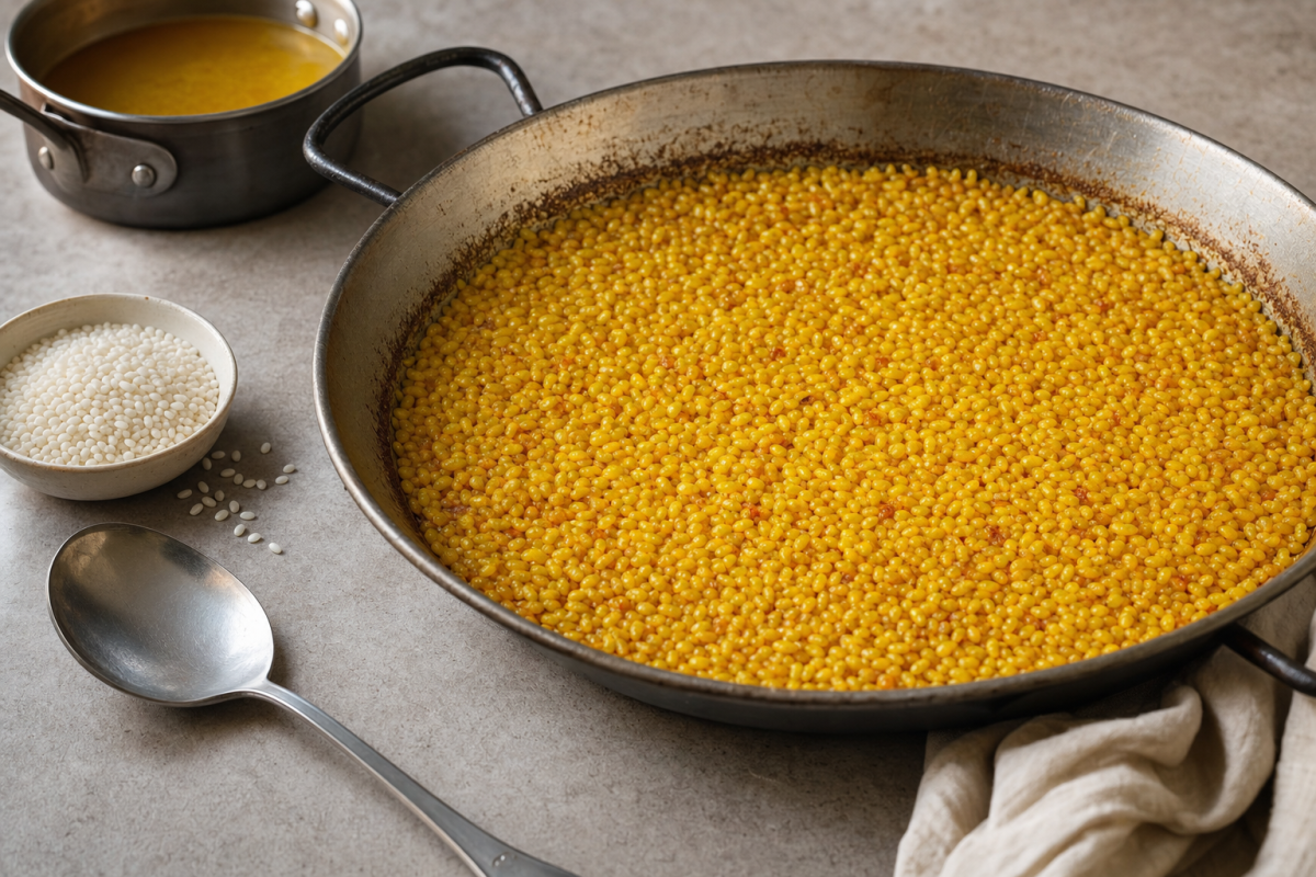 Golden Bomba rice in a shallow paella pan, with uncooked rice and a saucepan of broth nearby.