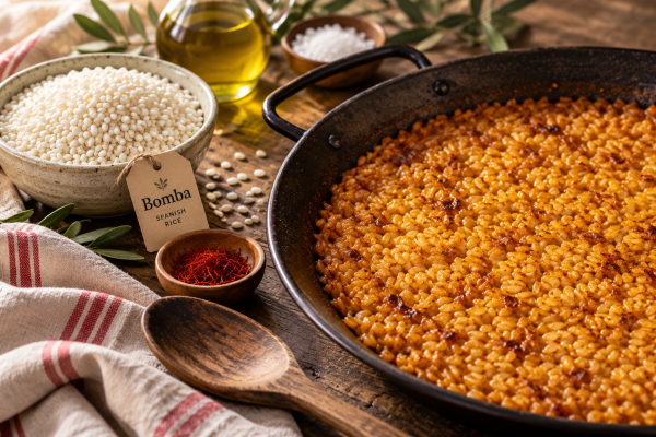 Arroz dorado en paella rústica