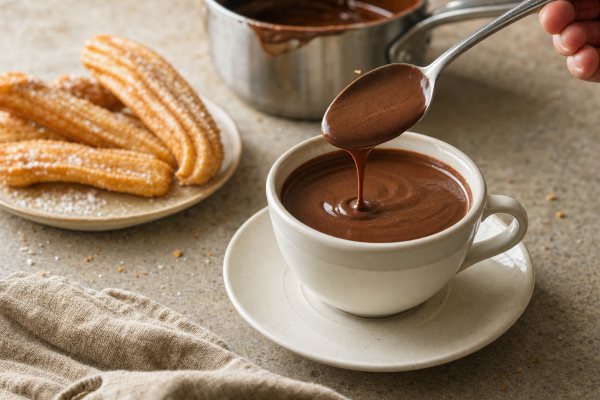 Thick Spanish hot chocolate coating a spoon above a ceramic cup, with golden churros and a saucepan nearby.