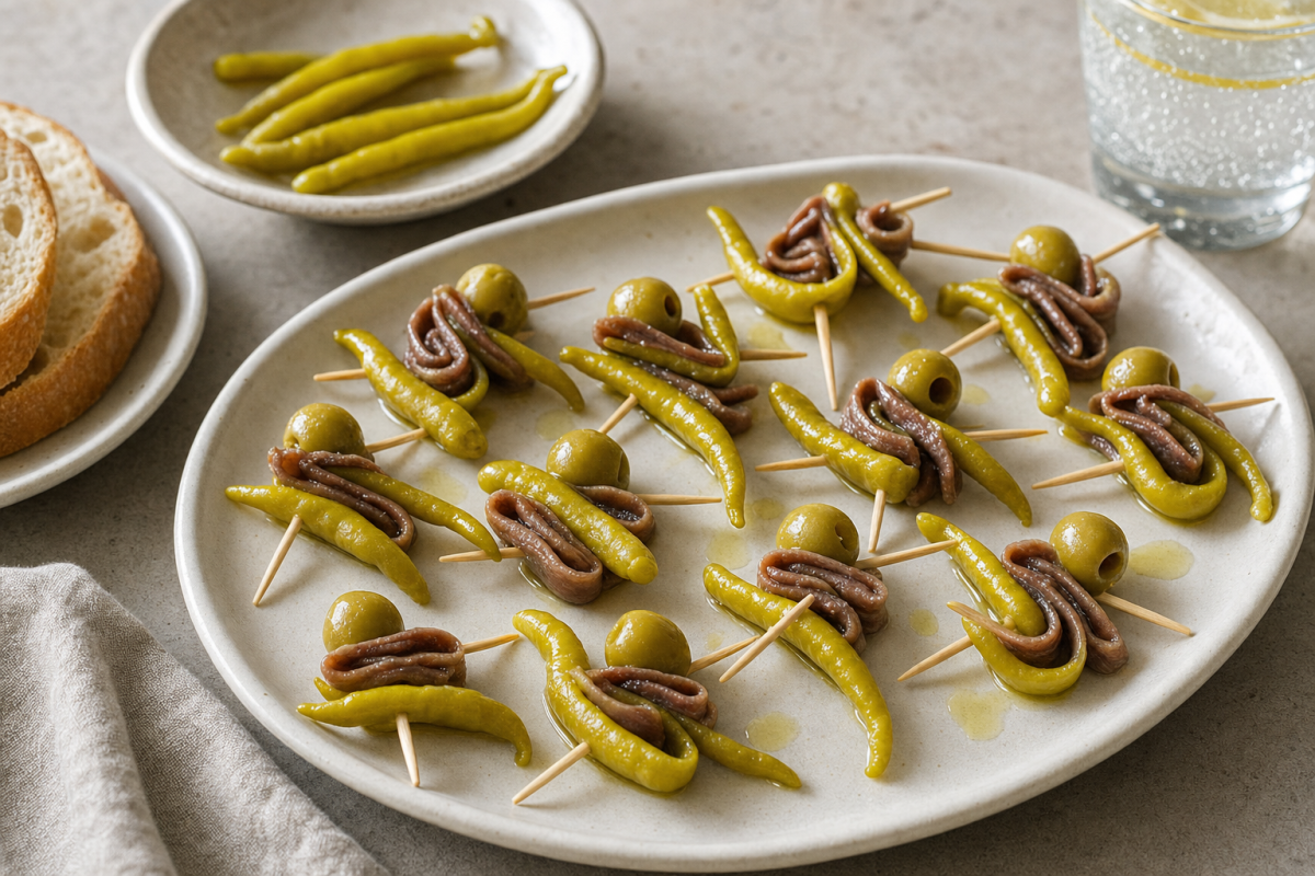 Basque Gilda skewers with pickled guindilla peppers, anchovies and green olives on a ceramic platter, served with bread.