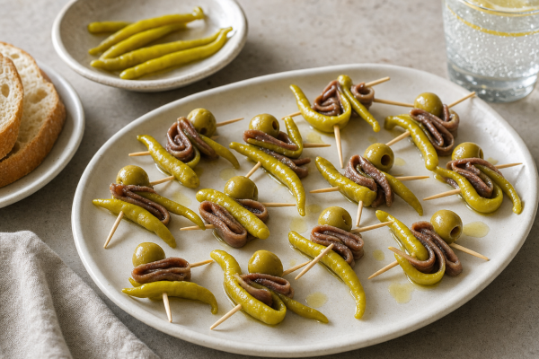 Basque Gilda skewers with pickled guindilla peppers, anchovies and green olives on a ceramic platter, served with bread.