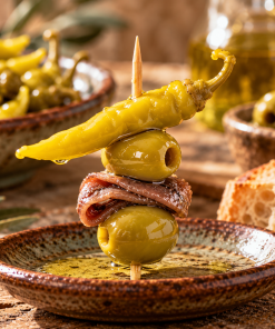 Traditional Spanish Gilda pintxo with Ortiz anchovy, green olives and pickled guindilla pepper on a wooden skewer.